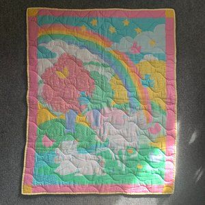 Vintage 1970s Rainbow Unicorn Butterflies Quilt Handmade Crib Blanket Nursery